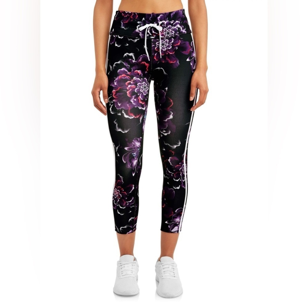 NWOT Avia Black and Purple Floral Leggings with Sporty Stripe
